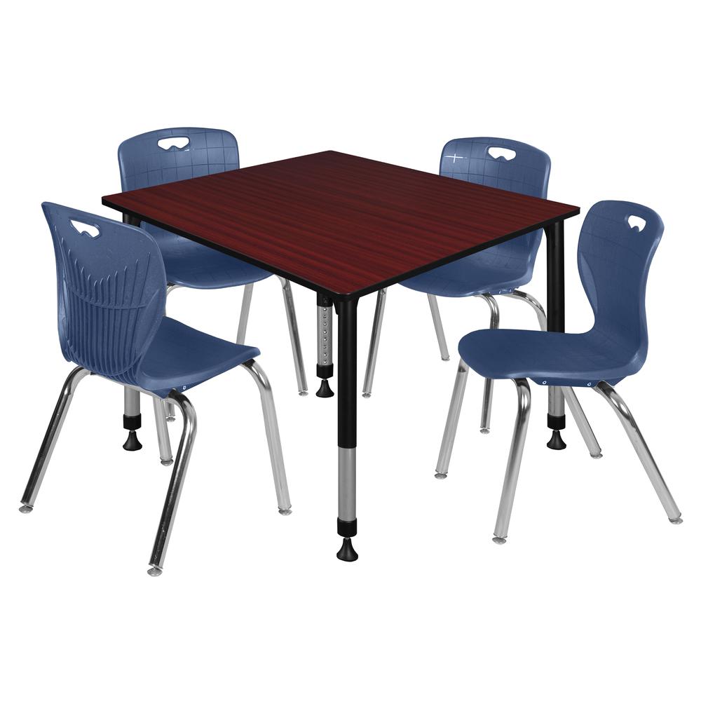 Kee 48" Square Height Adjustable Classroom Table - Mahogany & 4 Andy 18-in Stack Chairs- Navy Blue. Picture 1