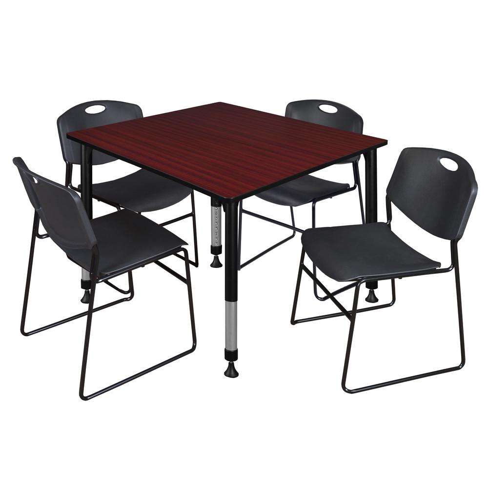 Kee 48" Square Height Adjustable Classroom Table - Mahogany & 4 Zeng Stack Chairs- Black. Picture 1