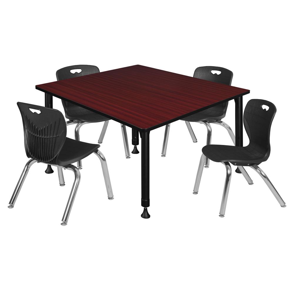 Kee 48" Square Height Adjustable Classroom Table - Mahogany & 4 Andy 12-in Stack Chairs- Black. Picture 1