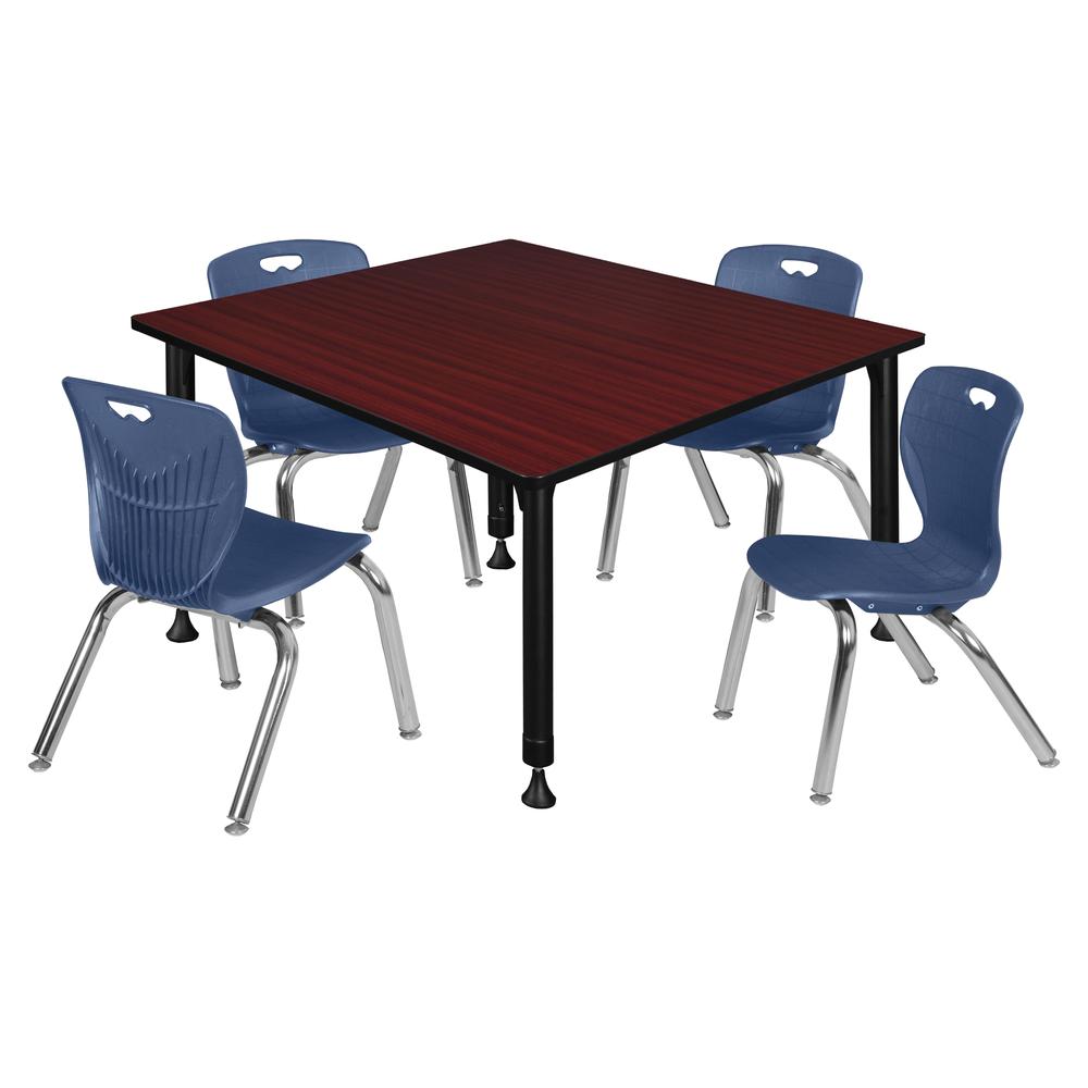 Kee 48" Square Height Adjustable Classroom Table - Mahogany & 4 Andy 12-in Stack Chairs- Navy Blue. Picture 1