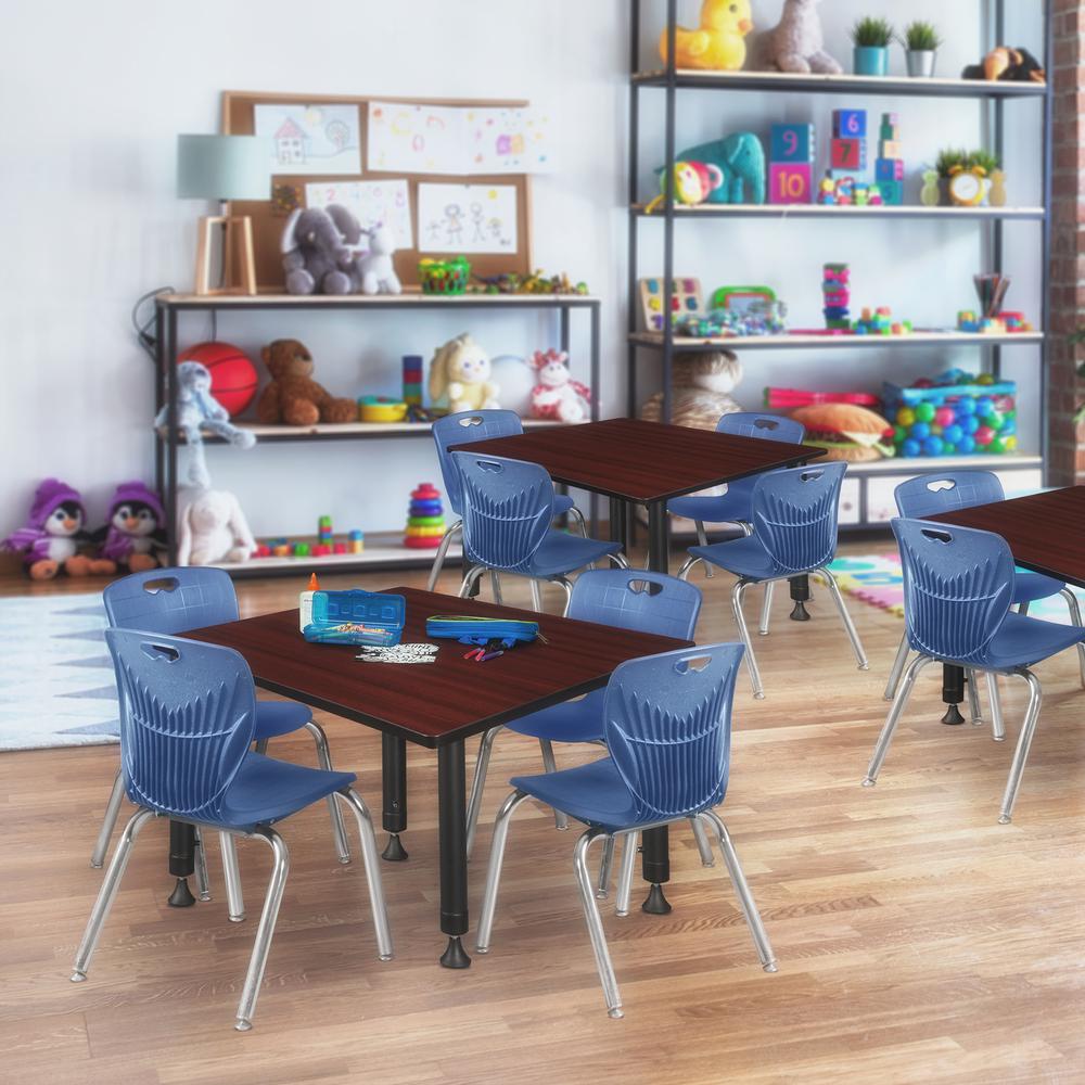 Kee 48" Square Height Adjustable Classroom Table - Mahogany & 4 Andy 12-in Stack Chairs- Navy Blue. Picture 7