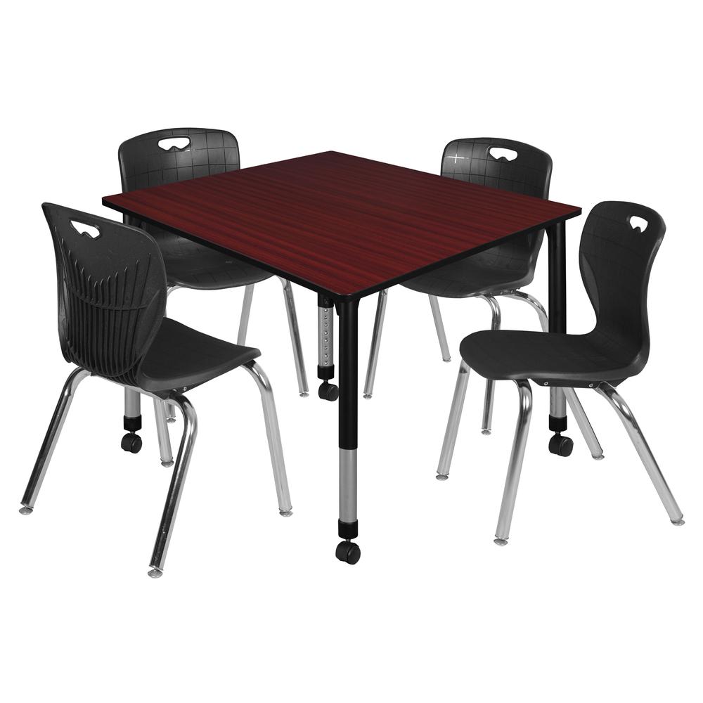 Kee 48" Square Height Adjustable Moblie Classroom Table - Mahogany & 4 Andy 18-in Stack Chairs- Black. Picture 1