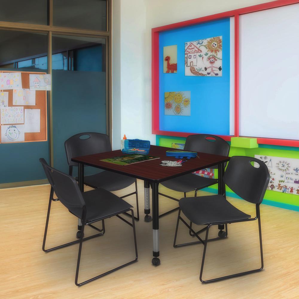 Kee 48" Square Height Adjustable Moblie Classroom Table - Mahogany & 4 Zeng Stack Chairs- Black. Picture 7