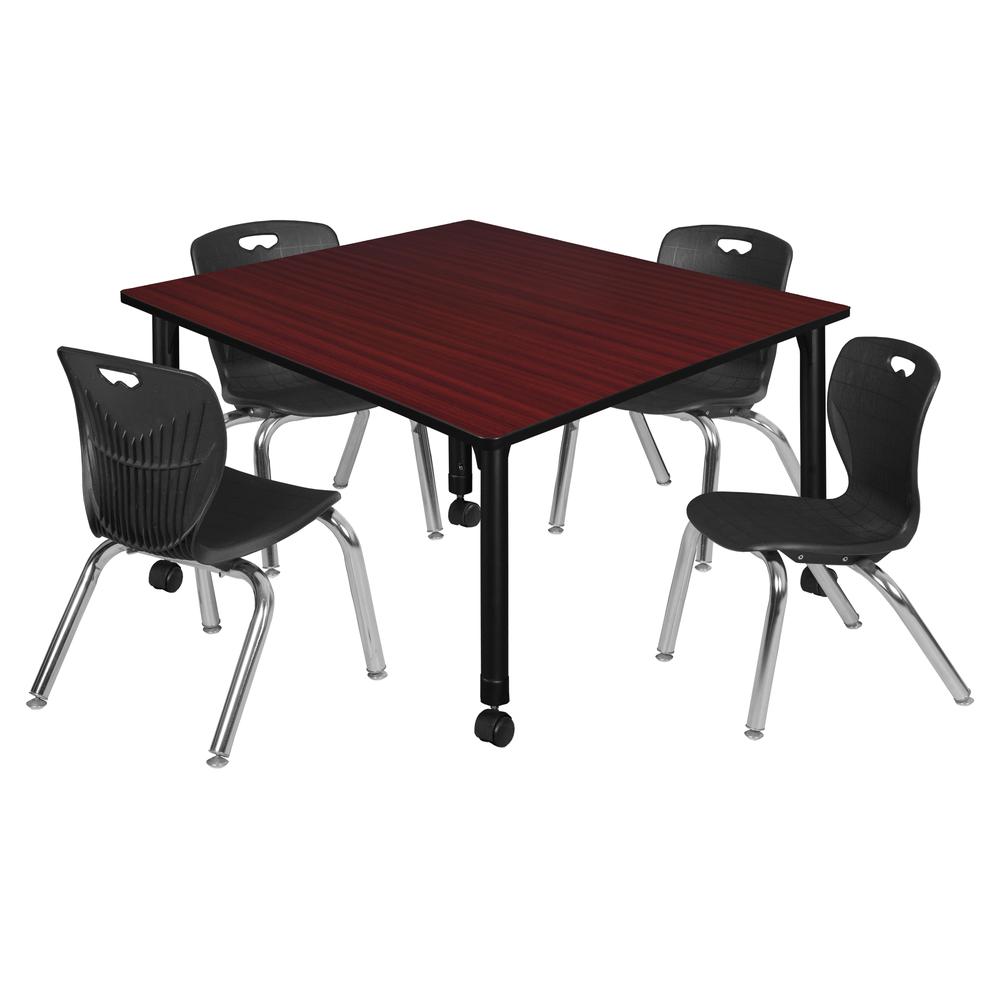 Kee 48" Square Height Adjustable Moblie Classroom Table - Mahogany & 4 Andy 12-in Stack Chairs- Black. Picture 1