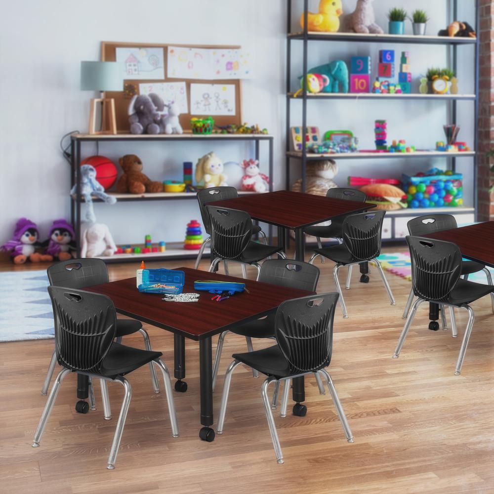 Kee 48" Square Height Adjustable Moblie Classroom Table - Mahogany & 4 Andy 12-in Stack Chairs- Black. Picture 7