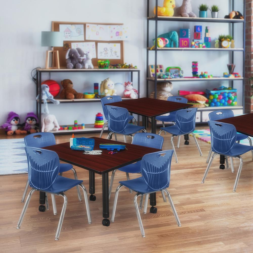 Kee 48" Square Height Adjustable Moblie Classroom Table - Mahogany & 4 Andy 12-in Stack Chairs- Navy Blue. Picture 7