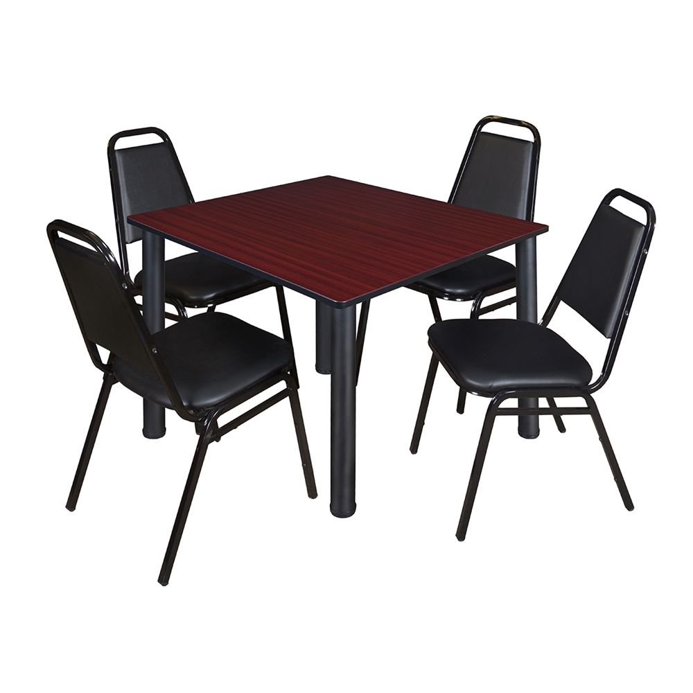 Kee 48" Square Breakroom Table- Mahogany/ Black & 4 Restaurant Stack Chairs- Black. Picture 1