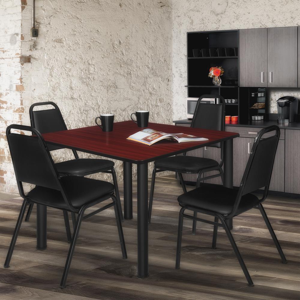Kee 48" Square Breakroom Table- Mahogany/ Black & 4 Restaurant Stack Chairs- Black. Picture 2