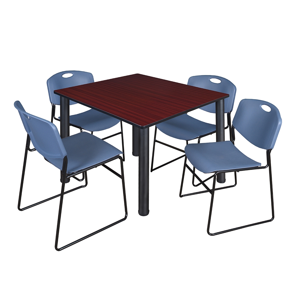 Kee 48" Square Breakroom Table- Mahogany/ Black & 4 Zeng Stack Chairs- Blue. Picture 1