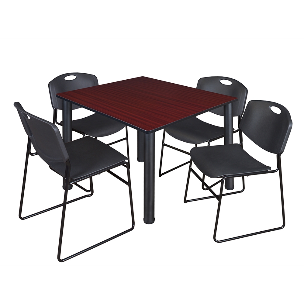 Kee 48" Square Breakroom Table- Mahogany/ Black & 4 Zeng Stack Chairs- Black. Picture 1