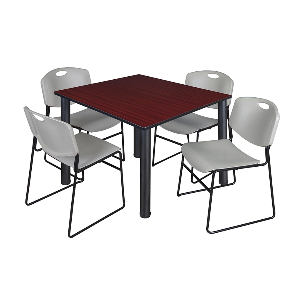 Kee 48" Square Breakroom Table- Mahogany/ Black & 4 Zeng Stack Chairs- Grey. Picture 1