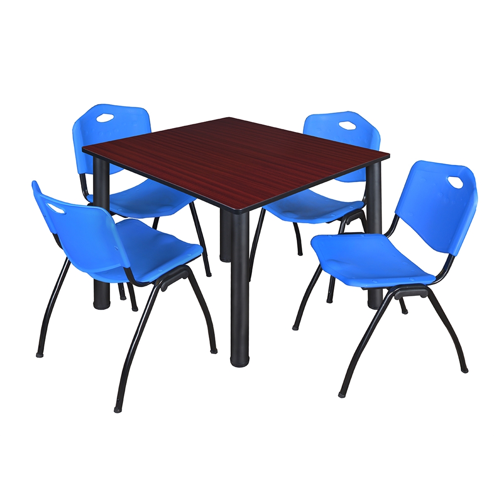 Kee 48" Square Breakroom Table- Mahogany/ Black & 4 'M' Stack Chairs- Blue. Picture 1