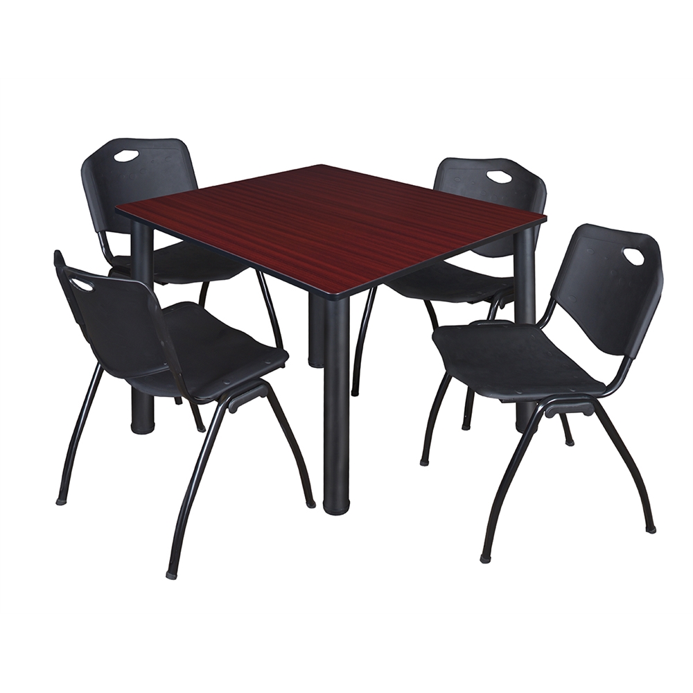 Kee 48" Square Breakroom Table- Mahogany/ Black & 4 'M' Stack Chairs- Black. Picture 1