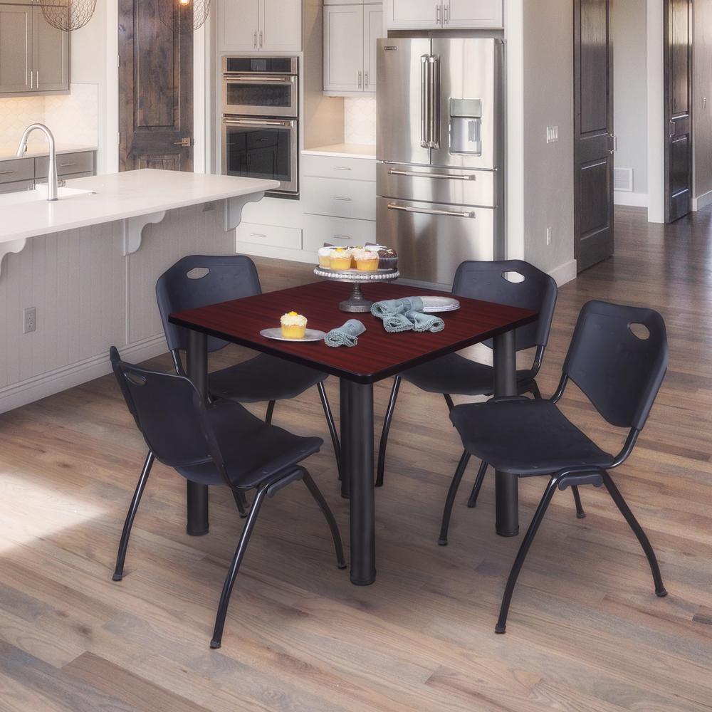 Kee 48" Square Breakroom Table- Mahogany/ Black & 4 'M' Stack Chairs- Black. Picture 2