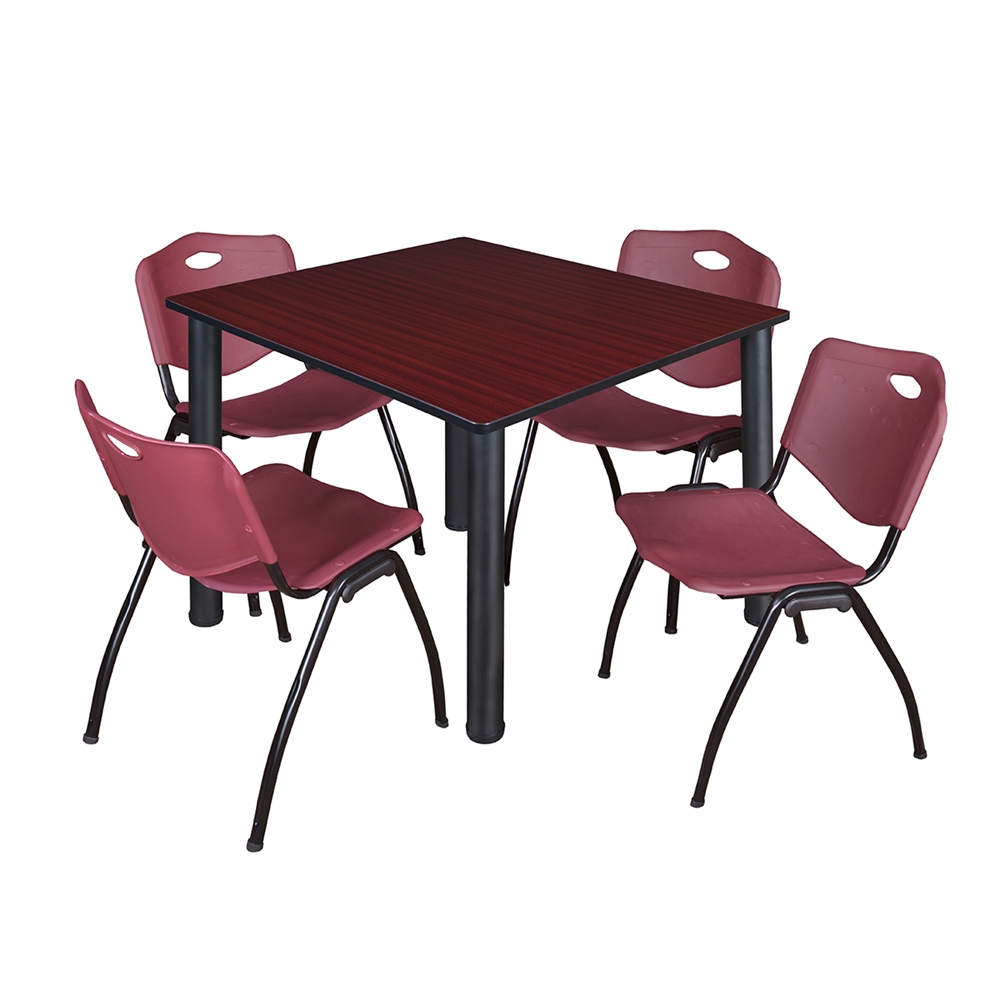 Kee 48" Square Breakroom Table- Mahogany/ Black & 4 'M' Stack Chairs- Burgundy. Picture 1