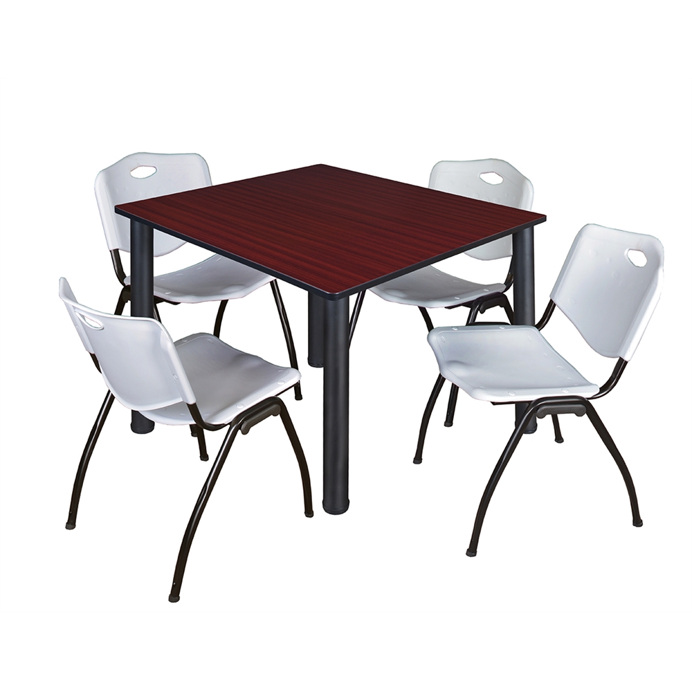 Kee 48" Square Breakroom Table- Mahogany/ Black & 4 'M' Stack Chairs- Grey. Picture 1