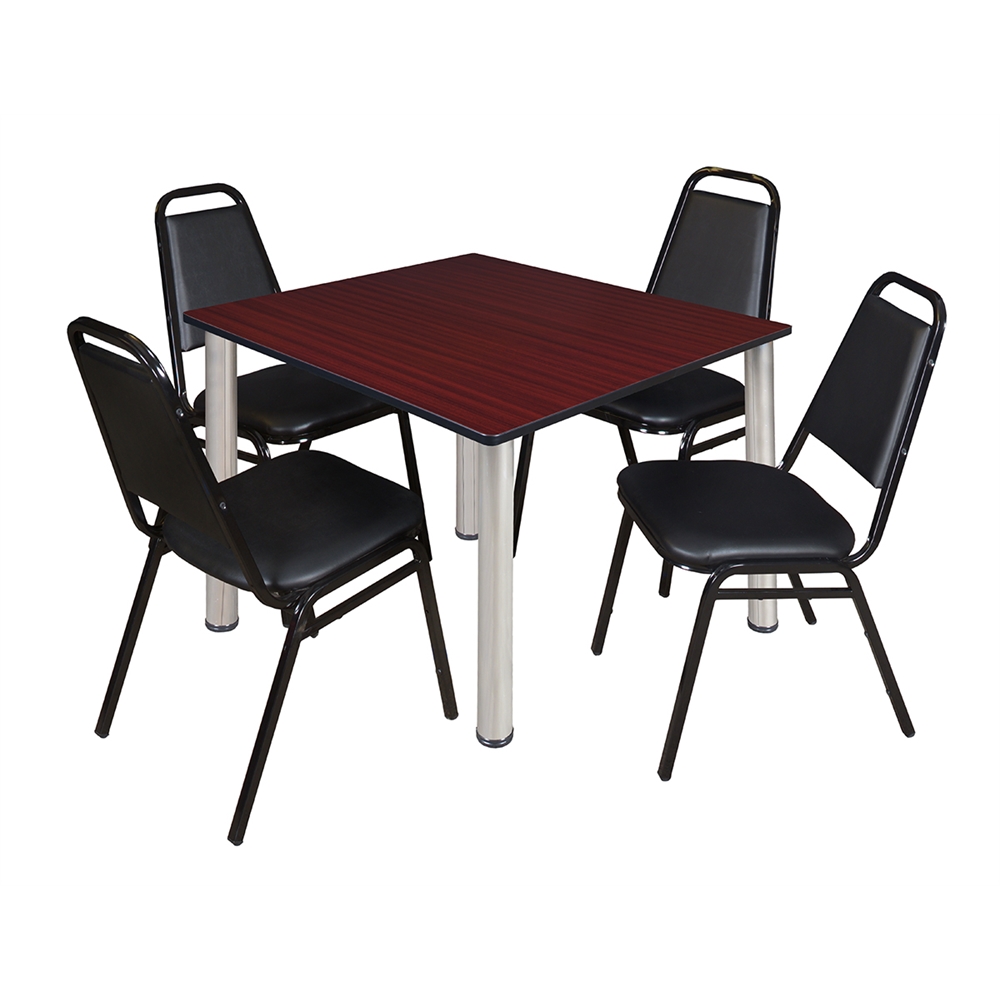 Kee 48" Square Breakroom Table- Mahogany/ Chrome & 4 Restaurant Stack Chairs- Black. Picture 1