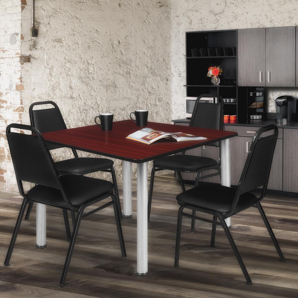 Kee 48" Square Breakroom Table- Mahogany/ Chrome & 4 Restaurant Stack Chairs- Black. Picture 2