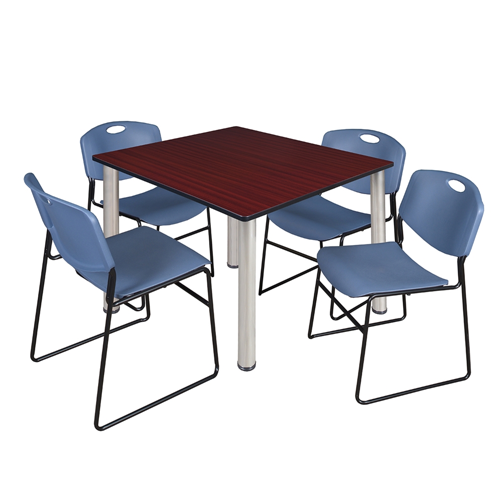 Kee 48" Square Breakroom Table- Mahogany/ Chrome & 4 Zeng Stack Chairs- Blue. Picture 1