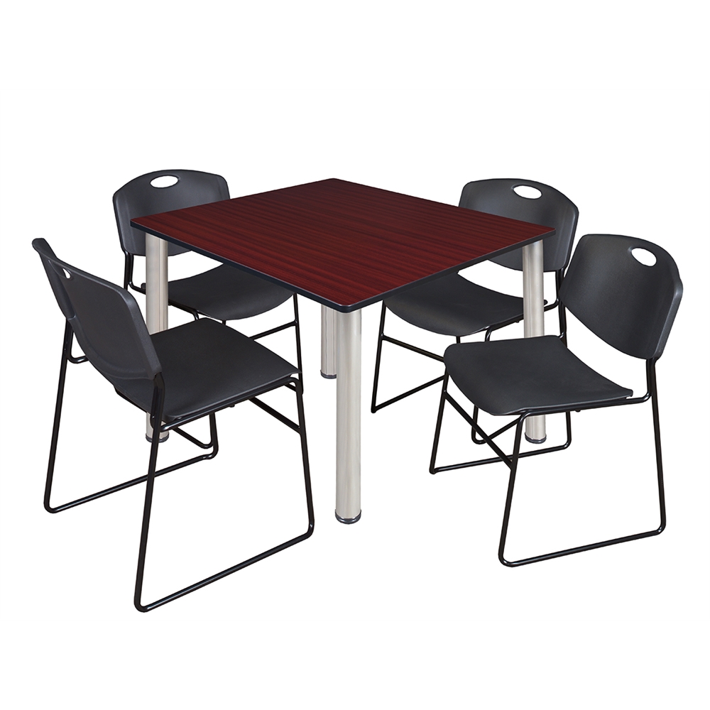 Kee 48" Square Breakroom Table- Mahogany/ Chrome & 4 Zeng Stack Chairs- Black. Picture 1