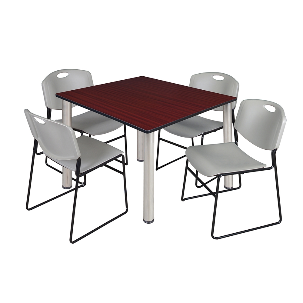 Kee 48" Square Breakroom Table- Mahogany/ Chrome & 4 Zeng Stack Chairs- Grey. Picture 1