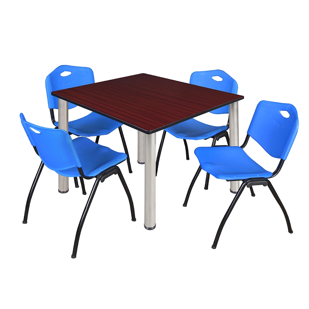 Kee 48" Square Breakroom Table- Mahogany/ Chrome & 4 'M' Stack Chairs- Blue. Picture 1