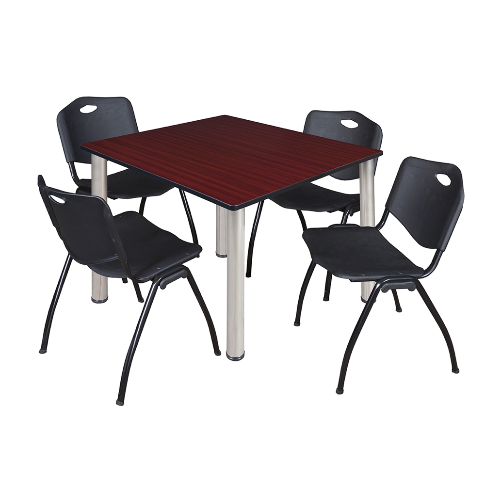Kee 48" Square Breakroom Table- Mahogany/ Chrome & 4 'M' Stack Chairs- Black. Picture 1
