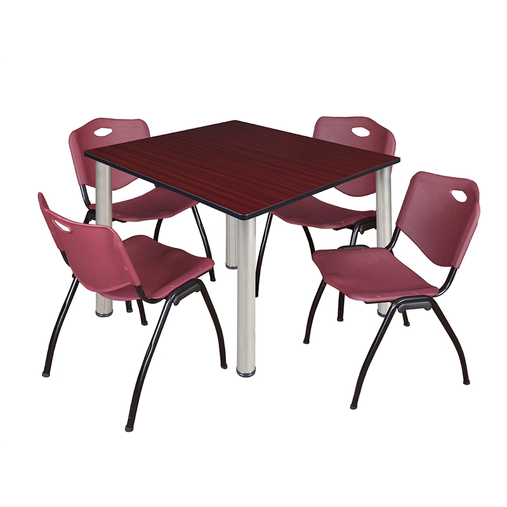 Kee 48" Square Breakroom Table- Mahogany/ Chrome & 4 'M' Stack Chairs- Burgundy. Picture 1