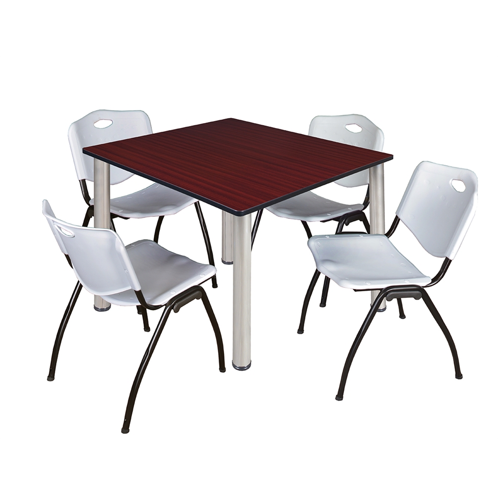 Kee 48" Square Breakroom Table- Mahogany/ Chrome & 4 'M' Stack Chairs- Grey. Picture 1