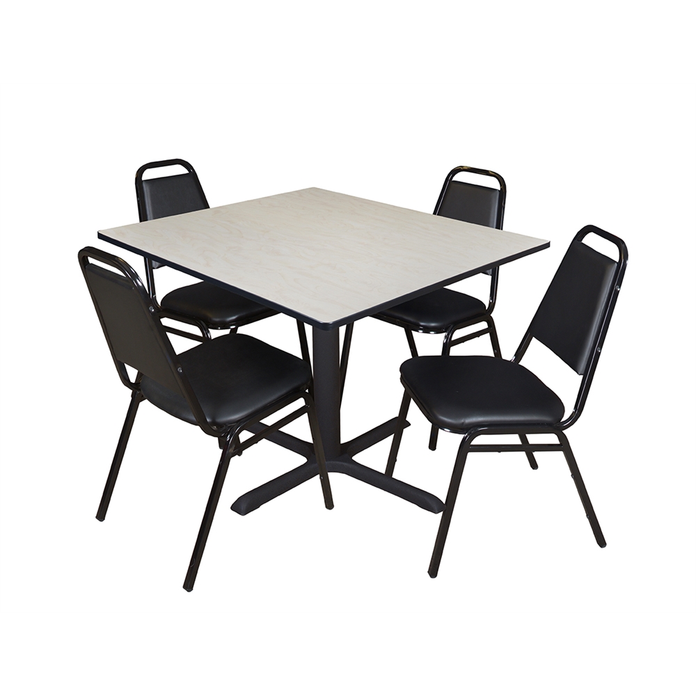 Cain 48" Square Breakroom Table- Maple & 4 Restaurant Stack Chairs- Black. Picture 1