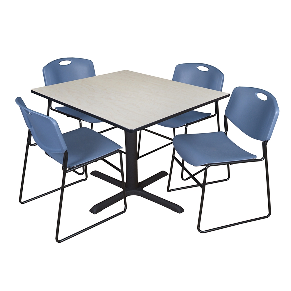 Cain 48" Square Breakroom Table- Maple & 4 Zeng Stack Chairs- Blue. Picture 1