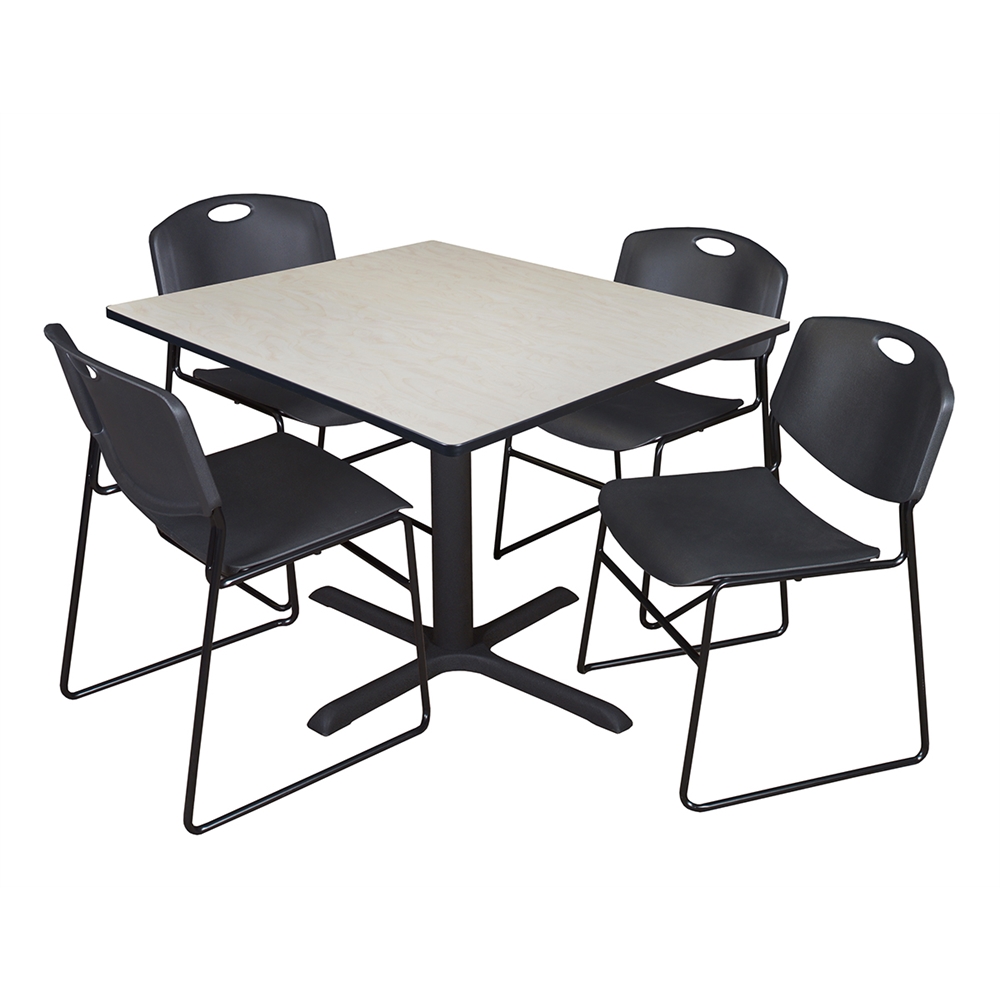 Cain 48" Square Breakroom Table- Maple & 4 Zeng Stack Chairs- Black. Picture 1