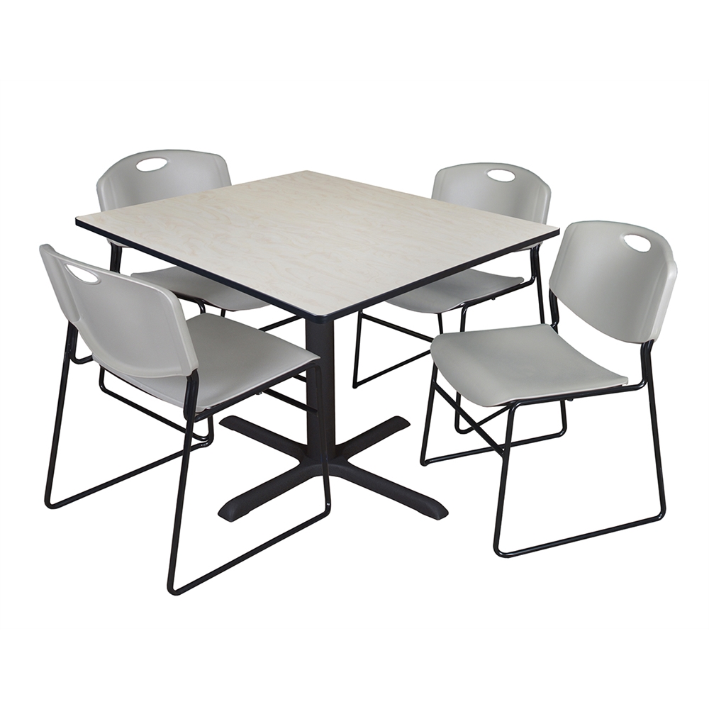 Cain 48" Square Breakroom Table- Maple & 4 Zeng Stack Chairs- Grey. Picture 1