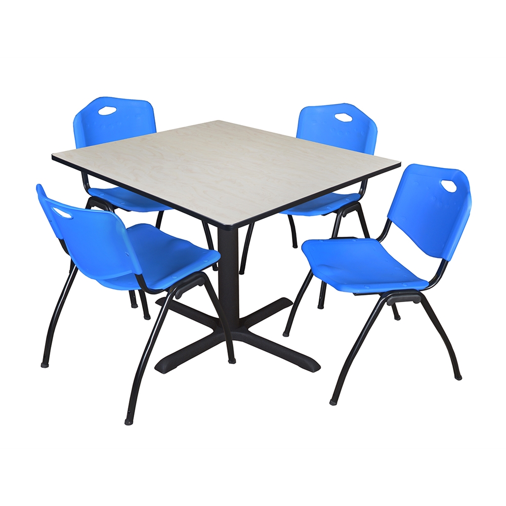 Cain 48" Square Breakroom Table- Maple & 4 'M' Stack Chairs- Blue. Picture 1