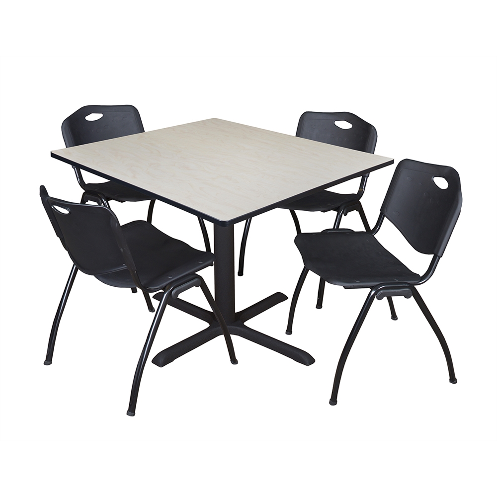 Cain 48" Square Breakroom Table- Maple & 4 'M' Stack Chairs- Black. Picture 1