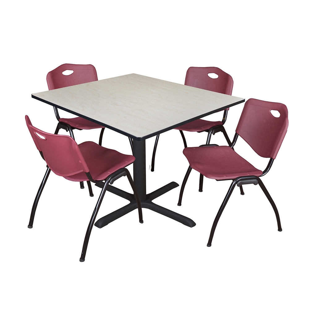 Cain 48" Square Breakroom Table- Maple & 4 'M' Stack Chairs- Burgundy. Picture 1