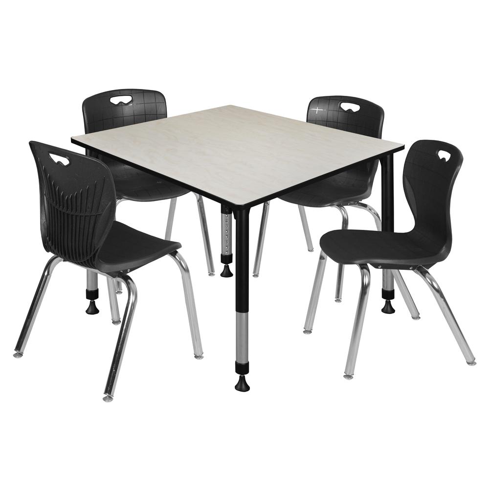 Kee 48" Square Height Adjustable Classroom Table - Maple & 4 Andy 18-in Stack Chairs- Black. Picture 1