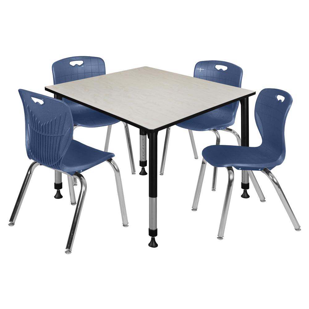 Kee 48" Square Height Adjustable Classroom Table - Maple & 4 Andy 18-in Stack Chairs- Navy Blue. Picture 1