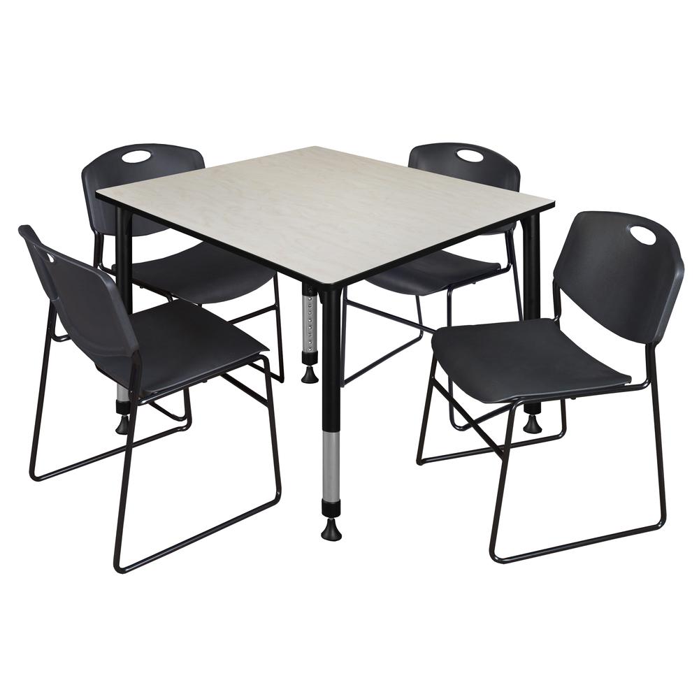 Kee 48" Square Height Adjustable Classroom Table - Maple & 4 Zeng Stack Chairs- Black. Picture 1
