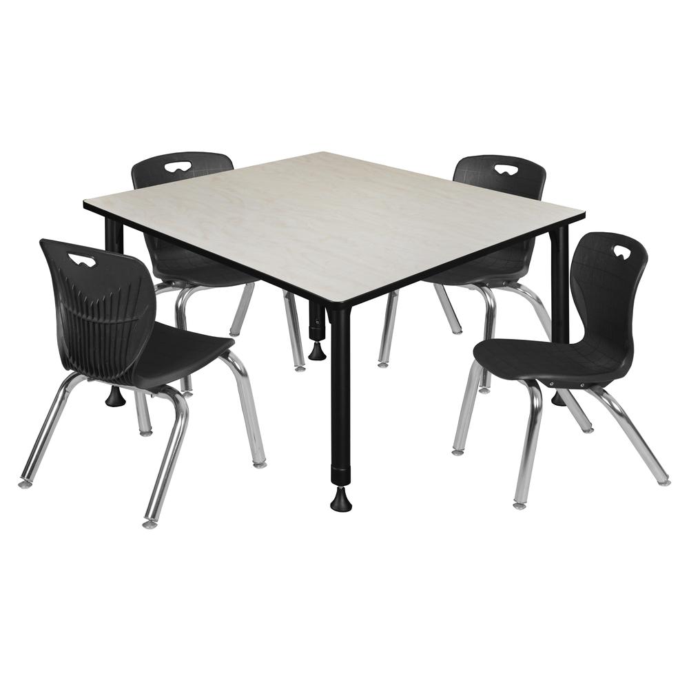 Kee 48" Square Height Adjustable Classroom Table - Maple & 4 Andy 12-in Stack Chairs- Black. Picture 1
