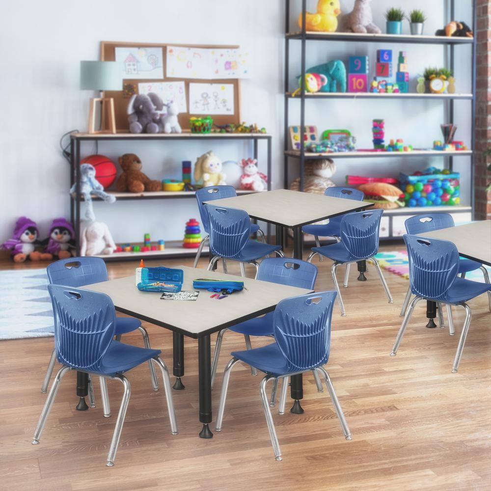 Kee 48" Square Height Adjustable Classroom Table - Maple & 4 Andy 12-in Stack Chairs- Navy Blue. Picture 7