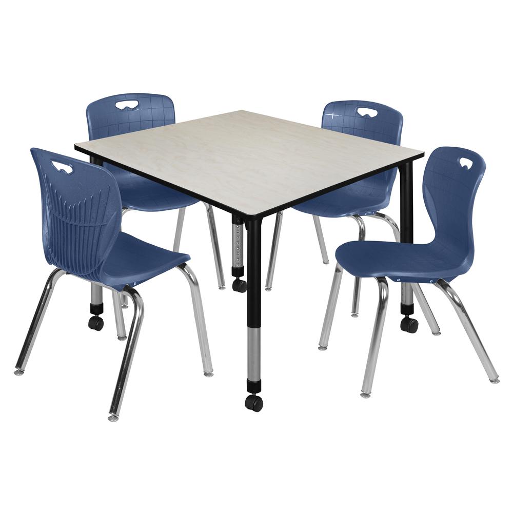 Kee 48" Square Height Adjustable Mobile Classroom Table - Maple & 4 4 Andy 18-in Stack Chairs- Navy Blue. Picture 1