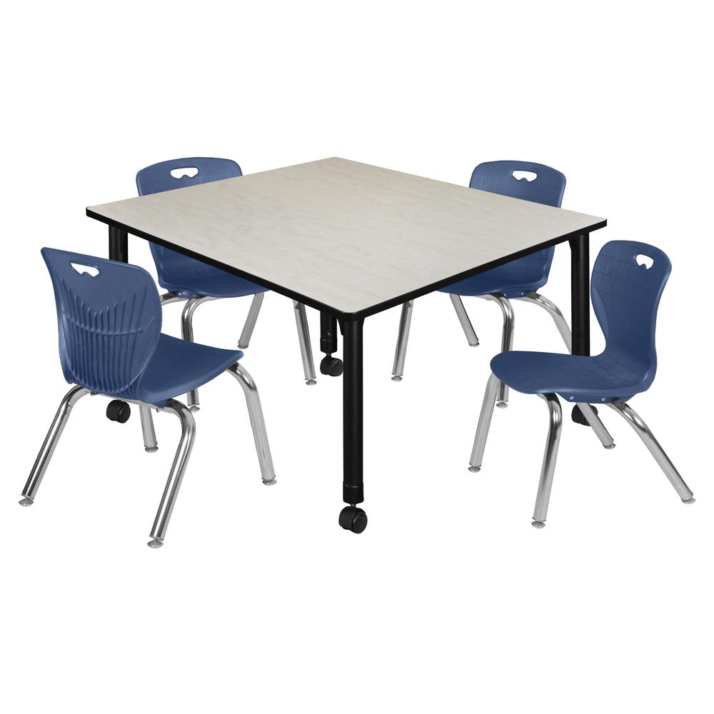 Kee 48" Square Height Adjustable Mobile Classroom Table - Maple & 4 4 Andy 12-in Stack Chairs- Navy Blue. Picture 1