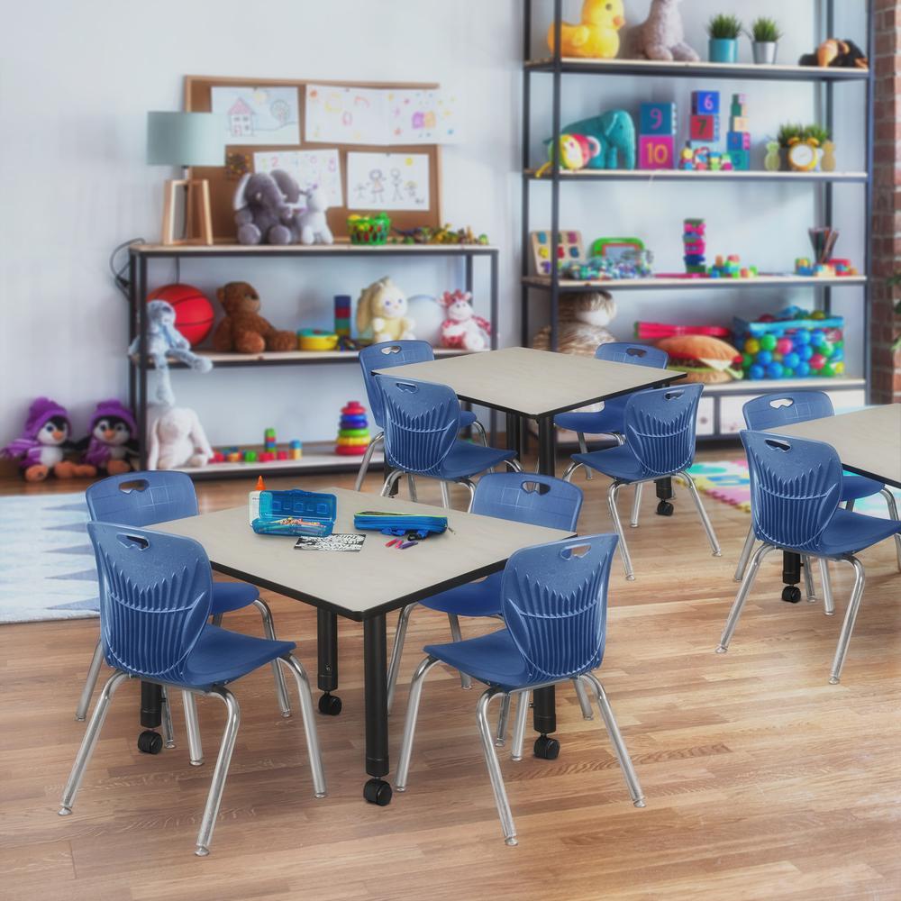 Kee 48" Square Height Adjustable Mobile Classroom Table - Maple & 4 4 Andy 12-in Stack Chairs- Navy Blue. Picture 7