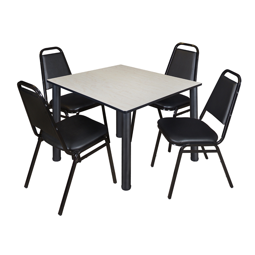 Kee 48" Square Breakroom Table- Maple/ Black & 4 Restaurant Stack Chairs- Black. Picture 1