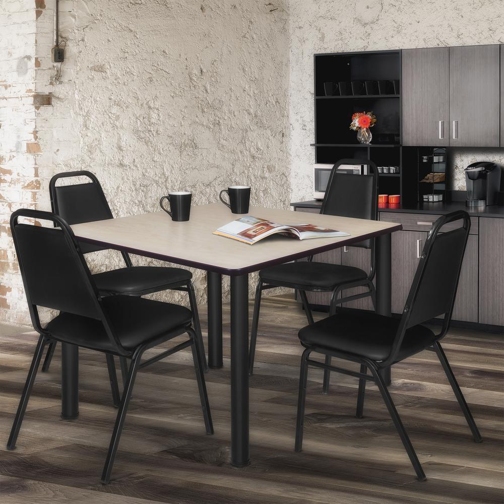 Kee 48" Square Breakroom Table- Maple/ Black & 4 Restaurant Stack Chairs- Black. Picture 2