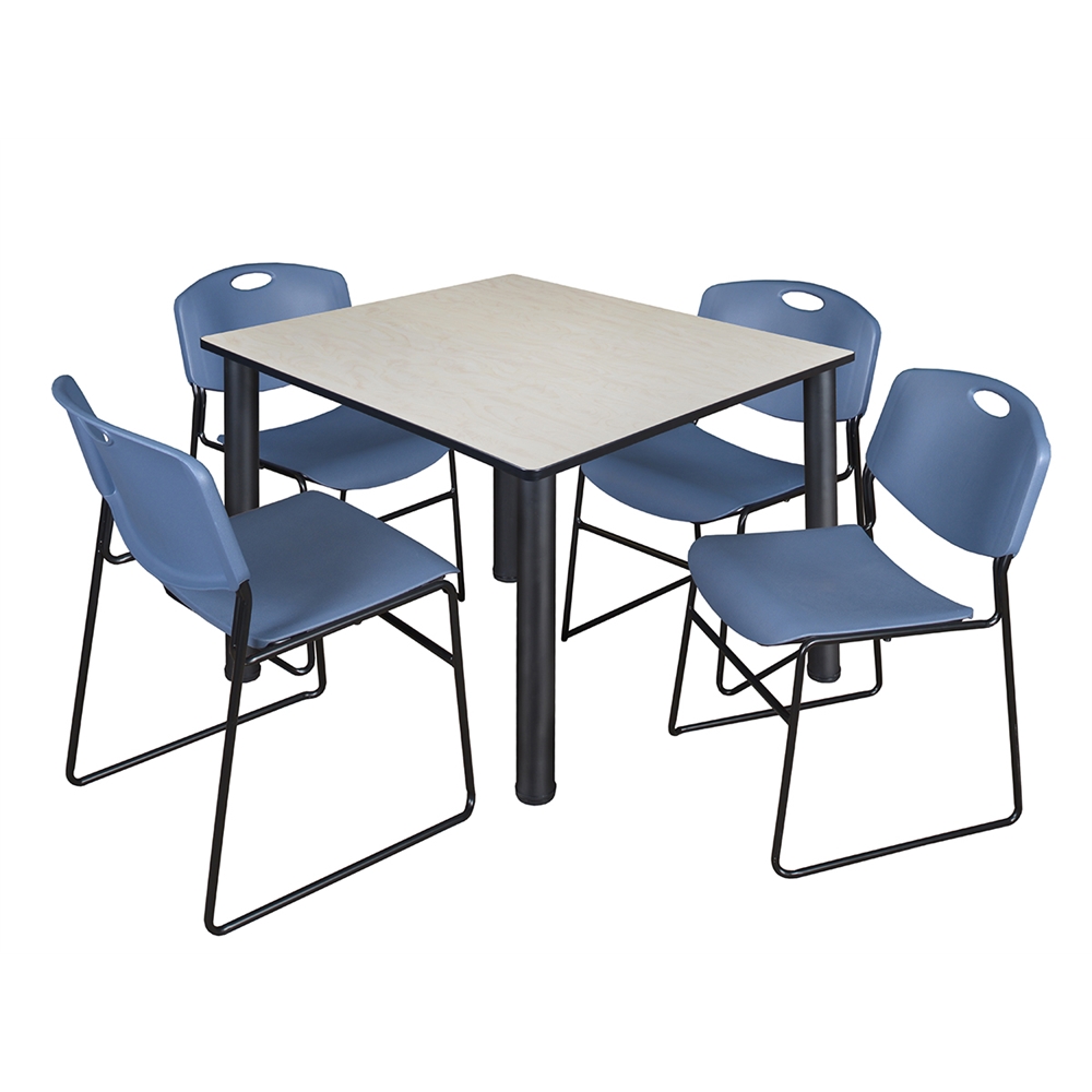 Kee 48" Square Breakroom Table- Maple/ Black & 4 Zeng Stack Chairs- Blue. Picture 1