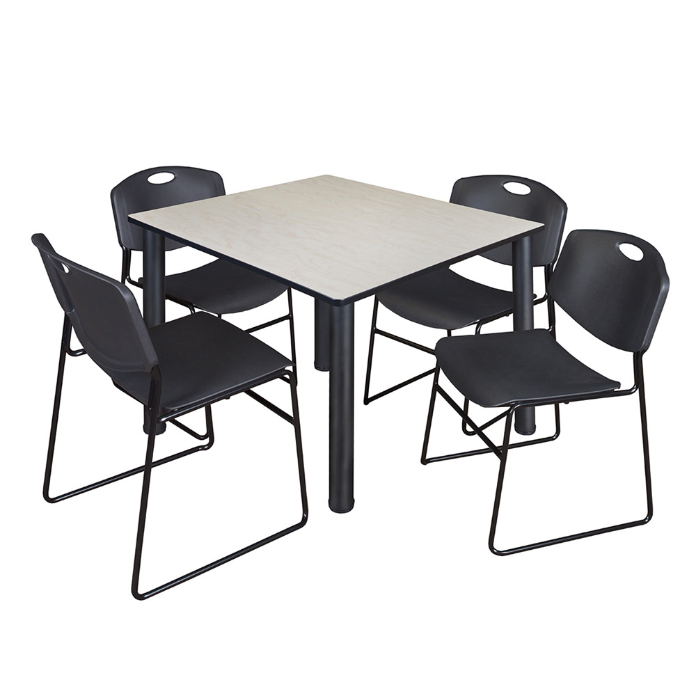 Kee 48" Square Breakroom Table- Maple/ Black & 4 Zeng Stack Chairs- Black. Picture 1