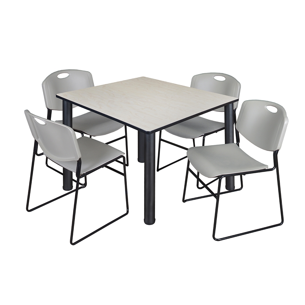 Kee 48" Square Breakroom Table- Maple/ Black & 4 Zeng Stack Chairs- Grey. Picture 1