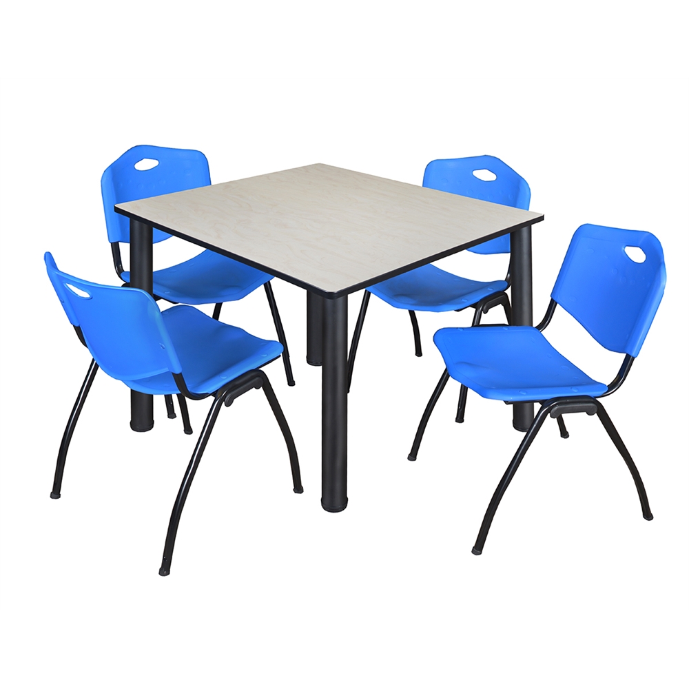 Kee 48" Square Breakroom Table- Maple/ Black & 4 'M' Stack Chairs- Blue. Picture 1